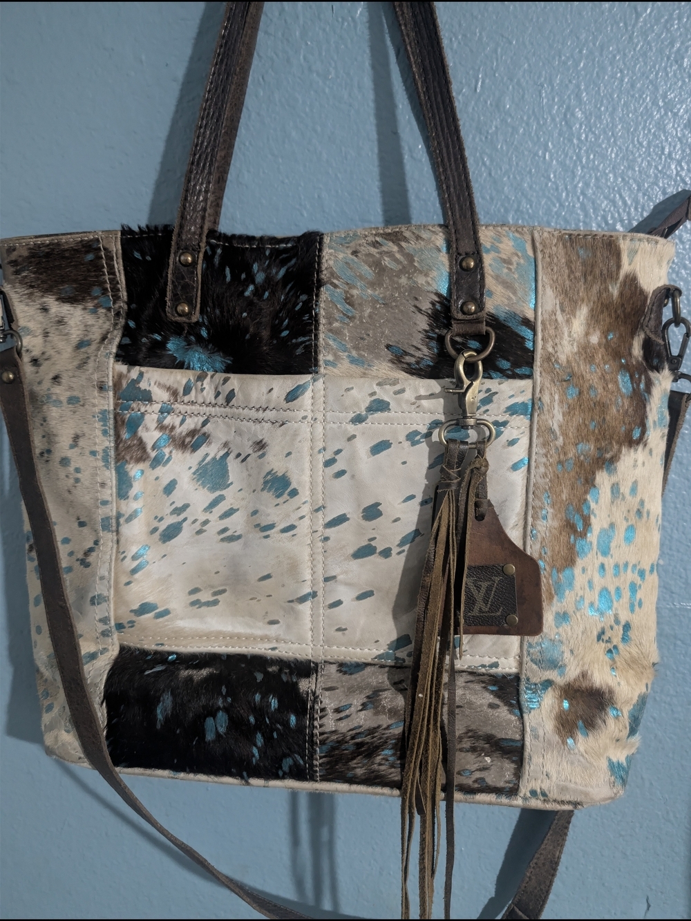 America Darling Patchwork Haircalf Tote Bag in Turquoise and Brown